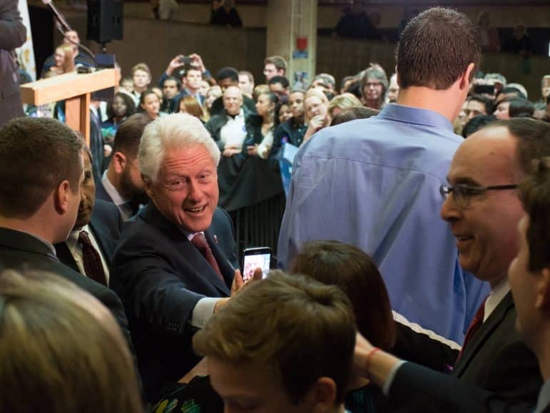 [CREDIT: Mary Carlos] Former President Bill Clinton shakes hands and chats with the audience at CCRI after his stump speech for Hillary Clinton.