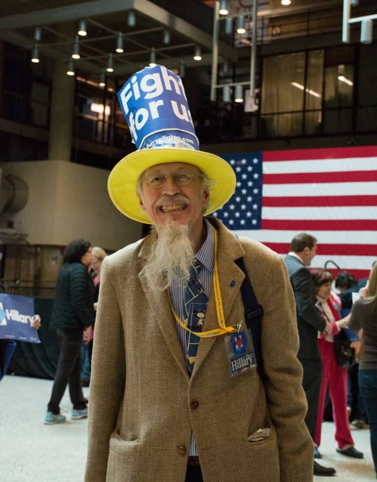  [CREDIT: Mary Carlos] Paul O'Donnell, Hillary Clinton Campaign volunteer, said he's doing every thing he can for Hillary, hence the hat. 