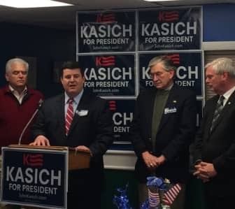 [CREDIT: Amos Rothstein] From left, Fmr. Lt. Gov. Bernard Jackvony, Sen. Dawson Hodgson, Mayor Scott Avedisian, and. Gary Sasse at the opening of the Kasich for RI HQ at Avedisian's Mayoral Candidate HQ.