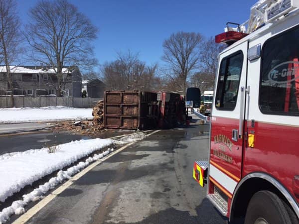 [CREDIT: WPD] Warwick Firefighters responded to Duggins Corner for a truck rollover this morning, rescuing the driver who was trapped inside.