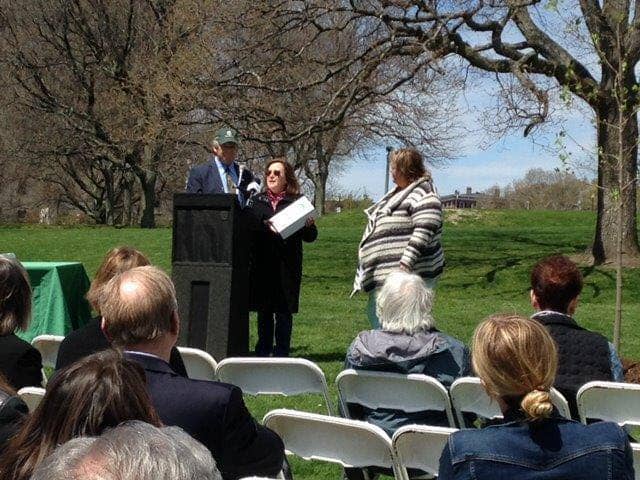 [CREDIT: Mayor Scott Avedisian] Trish Reynolds and Lidia Cruz-Abreu of the Warwick Planning Department receive the Tree City award at the Annual Arbor Day ceremony April 29 at the State House.