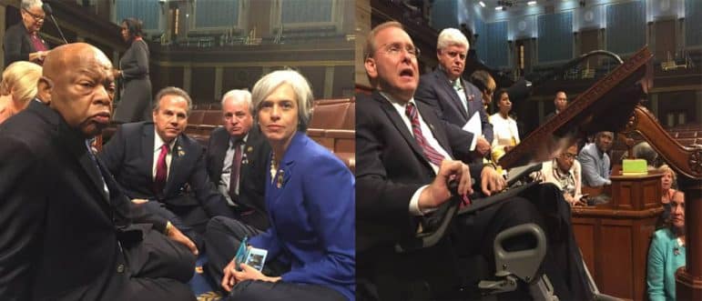 From left, separate images shared on Twitter by Reps David Cicilline and Jim Langevin show John Lewis, Katherine Clark and Cicilline in the House sit-in; Langevin speaks during the sit-in.