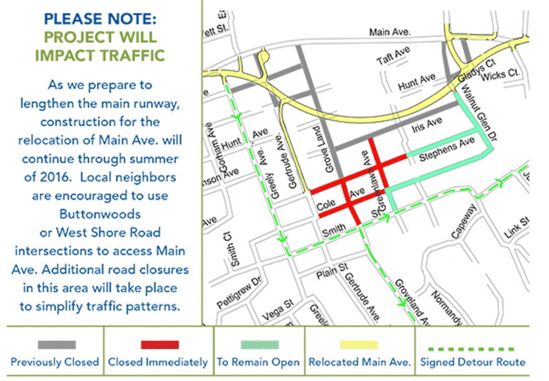 [CREDIT: RIAC] A map of the re-routed Main Avenue in yellow, with detours and closures show during the construction.