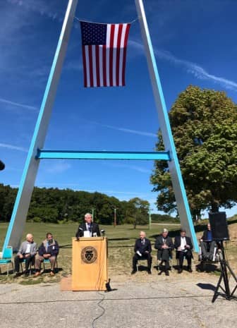 [CREDIT: Mayor Avedisian's Office] Mayor Scott Avedisian gives his remarks during the unveiling of the newly restored Rocky Point Arch at Rocky Point State Park Monday.