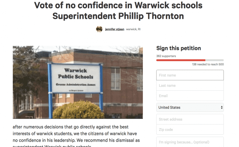 [CREDIT: Change.org} A screenshot of a petition on Change.org expressing no confidence in Supt. Phil Thornton.