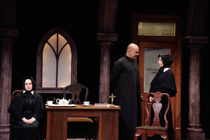 [CREDIT: Mark Turek] From left, Caitlin Davies, Greg London and Donna Sorbello star as Sister James, Father Flynn and Sister Aloysius in the regional professional premiere of John Patrick Shanley’s Pulitzer Prize-winner, Doubt: A Parable.