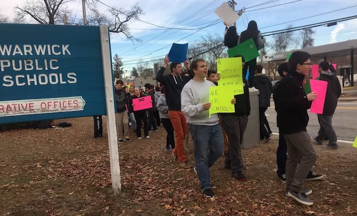The two-year contract dispute in Warwick, which included this student protest over the district's special ed policies, ended with the signing of a new contract in November. [CREDIT: Beth Hurd] 