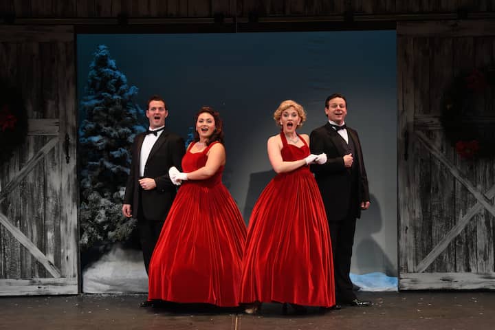 [CREDIT: Mark Turek] L-R: Nate Suggs, Stefani Wood, Maria Logan and Joel Kipper star as Bob Wallace, Betty Haynes, Judy Haynes and Phil Davis in the Rhode Island Professional Regional Premiere of the family-friendly holiday musical, Irving Berlin’s White Christmas.