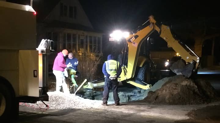 [CREDIT: Rob Borkowski] The Warwick Water Department works to fix a water main break at 38 Dryden Boulevard.