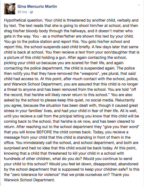 [CREDIT: Gina Mecurio Martin] The mother of a Toll Gate junior posted this question to Facebook after her daughter was threatened by another girl who was placed back in school with her Monday.