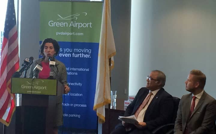 [CREDIT: Rob Borkowski] RI Gov. Gina Raimondo speaks on the economic benefits of direct year-round flights from RI to Ireland in 2017. Seated from left are From left, Iftikhar Ahmad, RIAC president, Anders Lindström, Norwegian Air.