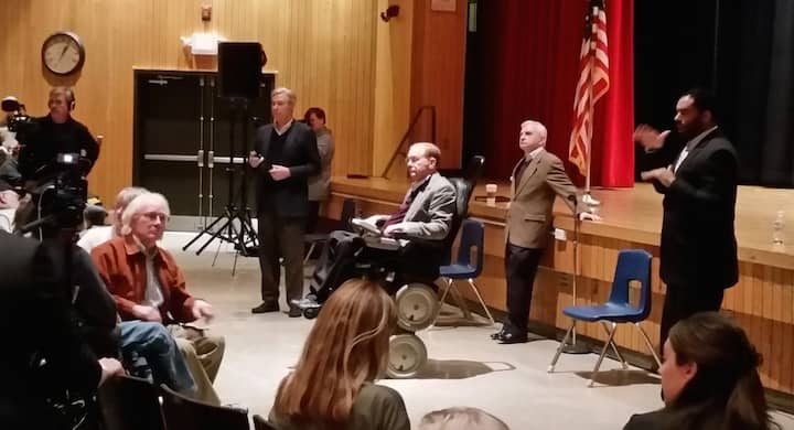 [CREDIT: Rob Borkowski] L=R: Senator Sheldon Whitehouse, Congressman Jim Langevin, and Sen. Jack Reed take questions, during their Town Hall with Kent County residents at Coventry High School Sunday, March 26.