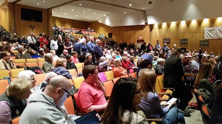 [CREDIT: Rob Borkowski] A packed room at the Coventry High School Auditorium March 26 for a Town Hall meet with Senators Reed and Whitehouse, and Congressman Langevin.