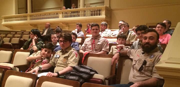 [CREDIT: Rob Borkowski] Scout leaders and members of Troop 1 Gaspee Plateau attending the March 20 City Council meeting for their Citizen in the Community and Communication merit badges.