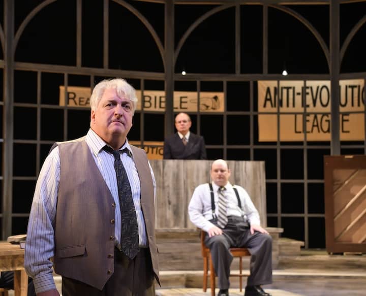 [CREDIT: Mark Turek] From left, Tom Gleadow, Mark Cartier and Brandon Whitehead star as Henry Drummond, Judge Merle Coffey and Matthew Harrison Brady in "Inherit the Wind," at Ocean State Theatre in Warwick through April 16.