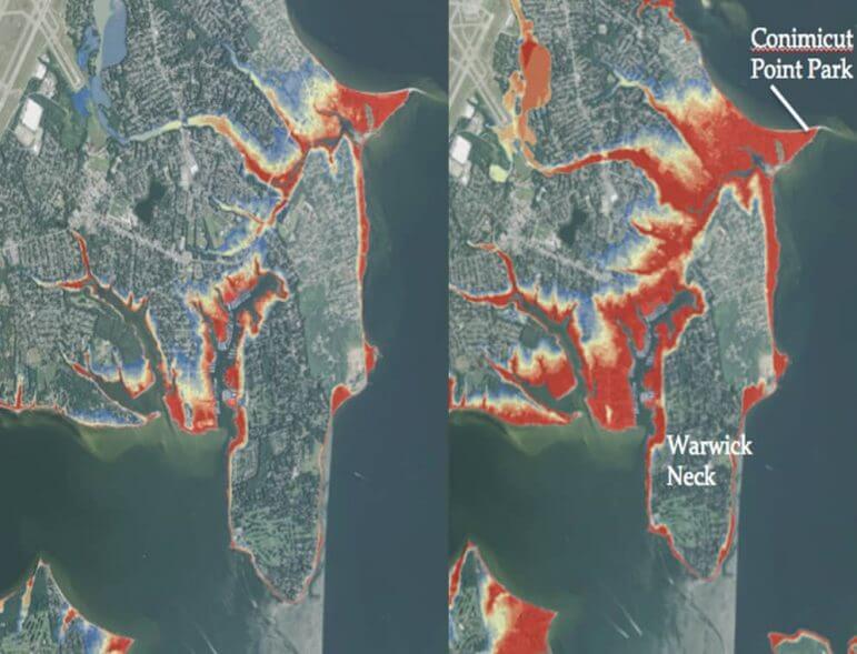 [CREDIT: RI CRMC] A left, red shows predicted flooding during a present day 100-year storm event. At right, the coastal flooding predicted after a sea level rise of 7 feet, expected by the end of the century.