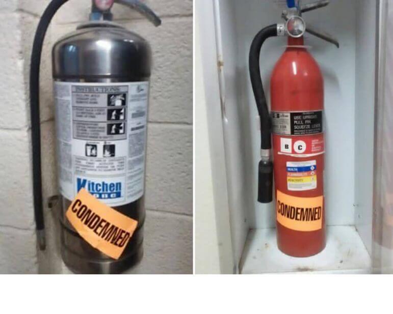 [CREDIT: Courtesy Submission] Two fire extinguishers marked condemned at Winman Jr. High School. Keane Fire & Safety reports the extinguishers have been marked condemned since 2015. The photos were forwarded to WarwickPost.com anonymously on Tuesday.