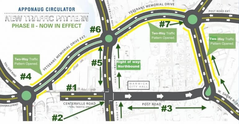 [CREDIT: RIDOT} A numbered map showing elements of the RIDOT's current work on the Apponaug Cirulator Project.