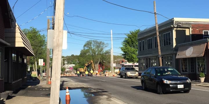 [CREDIT: Lauren Slocum] A look at the intersection of Post Road, Greenwich Avenue and Centerville Road, from the Central RI Chamber of Commerce office, this morning (May 16). 