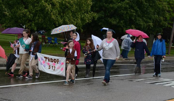 [CREDIT: Rob Borkowski] [CREDIT: Rob Borkowski] Girl Scout Troop 513 marches on West Shore Road in the 2017 Memorial Day parade.
