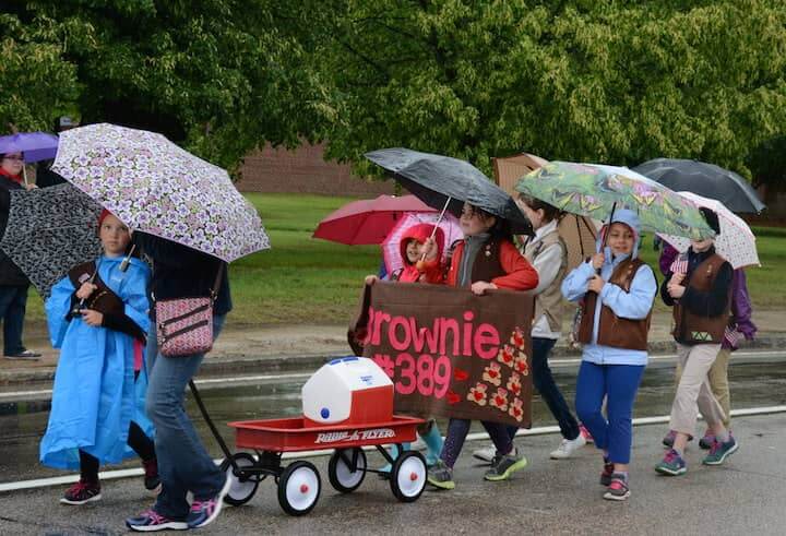 [CREDIT: Rob Borkowski] Brownie Troop 389 marches down West Shore Road in the 2017 Memorial Day parade.