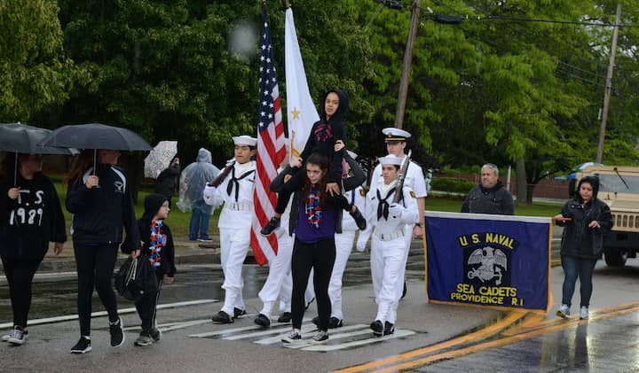[CREDIT: Rob Borkowski] The US Naval Sea Cadets march down West Shore Road in the 2017 Memorial Day parade.