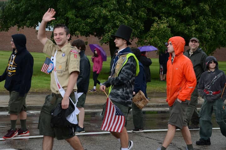 [CREDIT: Rob Borkowski] Boy Scouts bear the rain without complaint during the Wawrick Memorial Day Parade on West Shore Road.