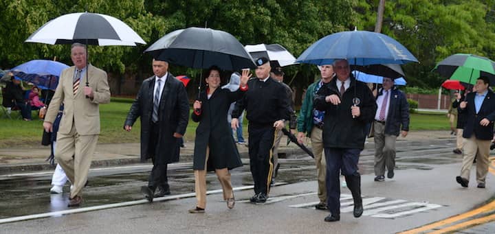 [CREDIT: Rob Borkowski] Gov. Gina Raimondo and Mayor Scott Avedisian walk by at the 2017 Wawrick Memorial Day Parade on West Shore Road.