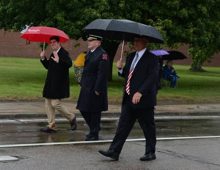 [CREDIT: Rob Borkowski] From left, Rep. Joe Solomon, WFD Chief James McLauglin, and Councilman Ed Ladouceur at the 2017 Wawrick Memorial Day Parade on West Shore Road.