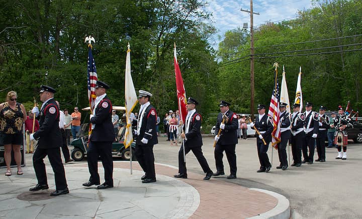 [CREDIT: Mary Carlos] The Warwick/West Warwick Honor Guard prepares for the start of the Station Fire Memorial dedication.