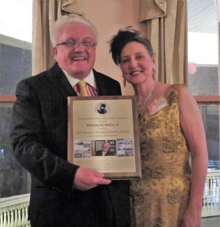 [CREDIT: SSHSA] SSHSA President Mary Payne (right) presents the Samuel Ward Stanton Award for Lifetime Achievement to Bill Miller at the dinner on April 8. Affectionately known as “Mr. Ocean Liner,” Miller is an international authority on ocean liners and cruise ships, writing nearly 100 books on the subject from early steamers and immigrant ships to liners at war.
