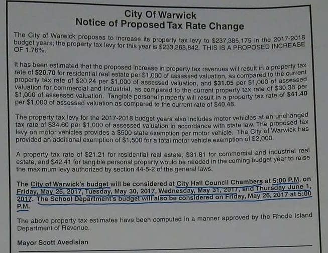 [CREDIT: Jeremy Rix] An summary of Mayor Avedisian's proposed 2017-2018 budget tax rate increase, advertised in local media today.
