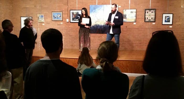 [CREDIT: Mary Carlos] Warwick Center for the Arts Executive Director Taylor Terreri and Kevin Gilmore (Juror) introduce 'Exploring Abstracts' at the center.
