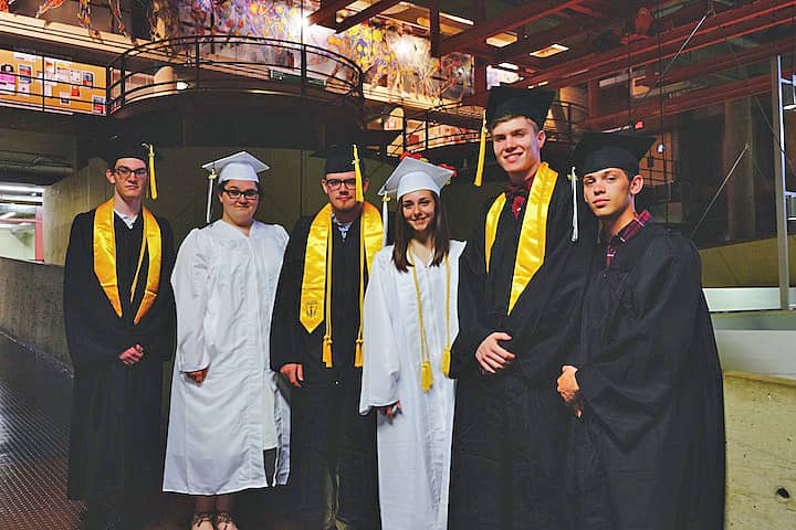 [CREDIT: Lauren Kasz] Graduates from left to right, Chris Kenney, Brittney Keenan, Steven Kavanagh, Sophia Kaczmerzyk, Zachary Johnson and Nicholas Howland. at CCRI during the Pilgrim High School Class of 2017 graduation.