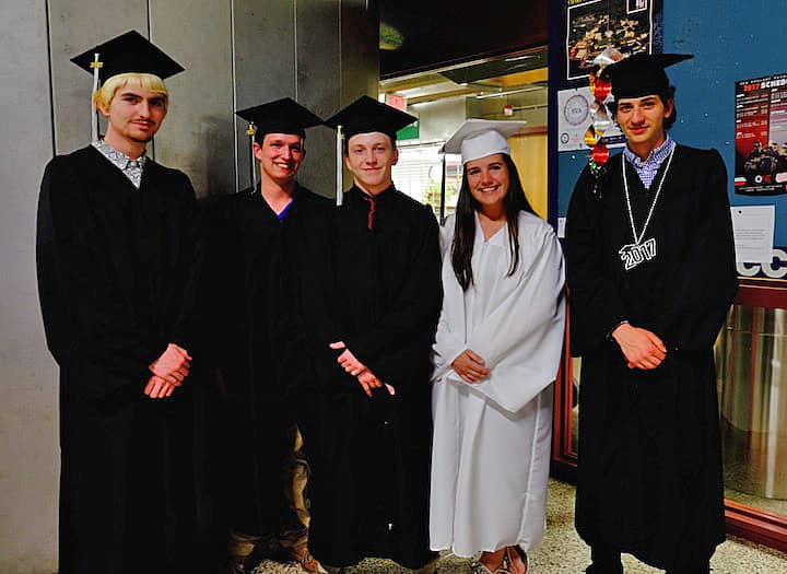[CREDIT: Lauren Kasz] Graduates Noah Chauvin, Ben Champagne, John Castaldi, Paula Cavanagh and Omar Chaghlil anxiously await the start of their commencement ceremony.at CCRI during the Pilgrim High School Class of 2017 graduation.