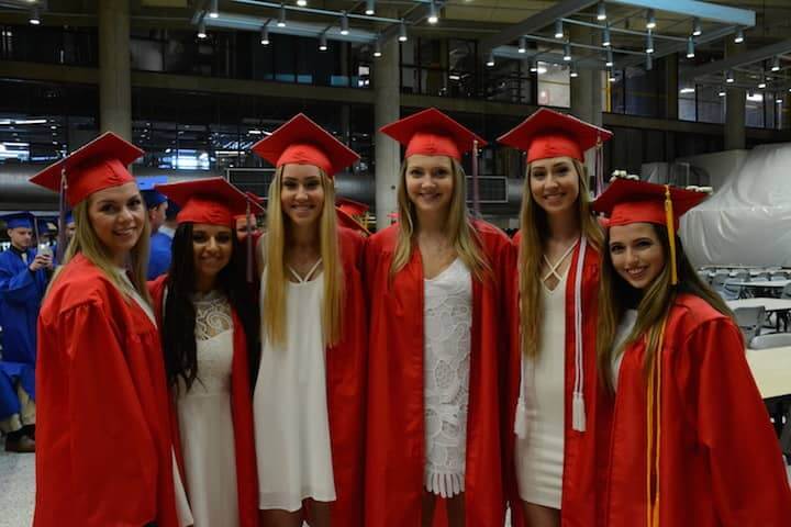 [CREDIT: Rob Borkowski] Toll Gate Grads, from left, Meghan Flanagan, Karinne Medeiros, Lauren Stamps, Meghan Murray, Katelyn Stamps and Madison Luisi wait to enter the field house for the 2017 Toll Gate graduation.