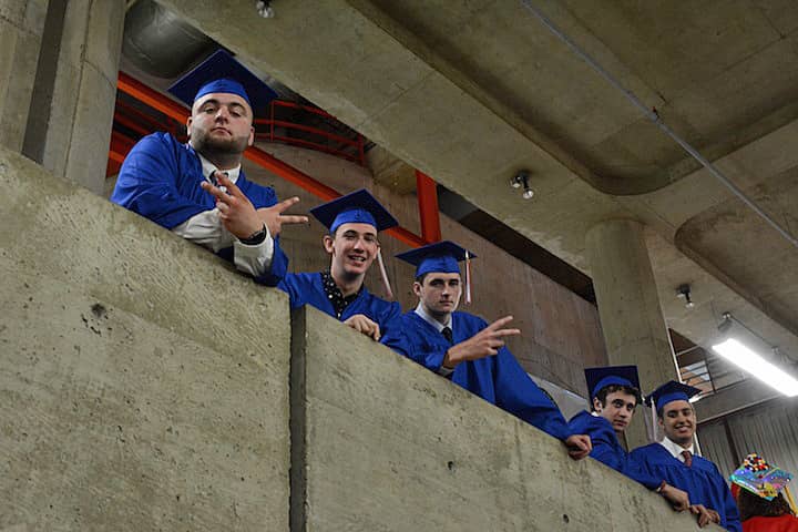 [CREDIT: Rob Borkowski] Toll Gate Grads, from left, Nik Zulla, Tristan Wyns and Connor Sullivan wait to enter the field house for the 2017 Toll Gate graduation.