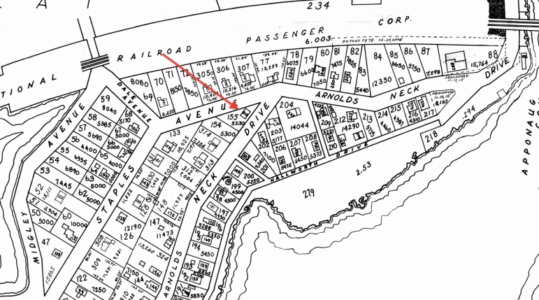 [CREDIT:warwickri.gov] A red arrow points out the property in question, a triangle plot bordered by Arnold Neck Drive and Staples Avenue. 