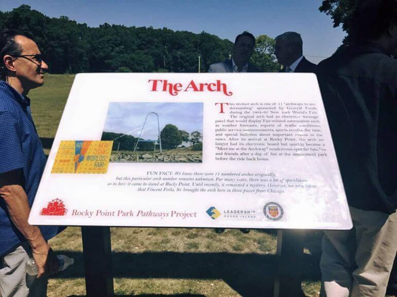 [CREDIT: Mayor Scott Avedisian's office] A pathway sign describing the history of the Rocky Point Arch, restored in 2016, the marker for the former amusement park's entrance. 