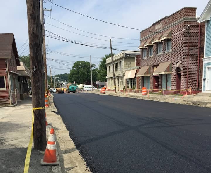 [CREDIT: Central RI Chamber of Commerce] Post Road in Apponaug was closed to all but local traffic Wednesday as Cardi Corp. paved the area. 