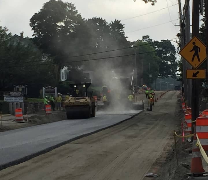 [CREDIT: Central RI Chamber of Commerce] Post Road in Apponaug was closed to all but local traffic Wednesday so road crews could pave the street. 