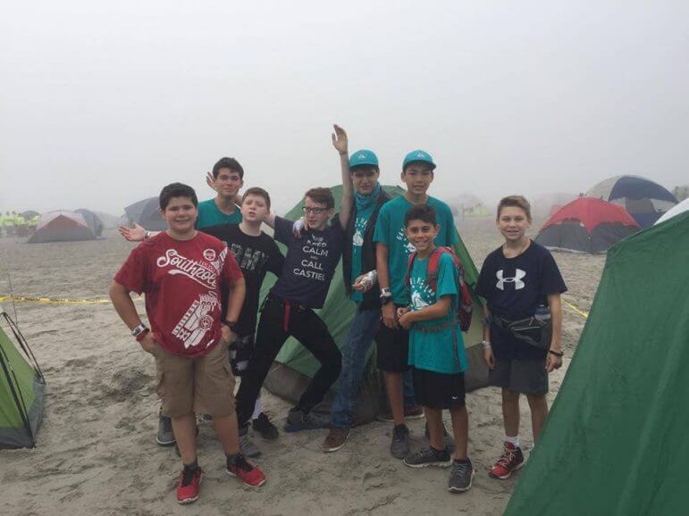 [CREDIT: Mary Carlos] Scouts from Troop 1 Gaspee Plateau getting ready to head to the rides on a foggy morning at Beach Jam at Morey's Piers & Beachfront Water Parks in Wildwood, NJ last weekend.