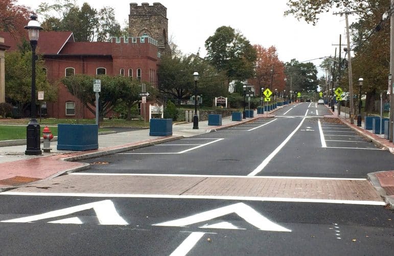 [CREDIT: Rob Borkowski] Post Road between Apponaug Four Corners and West Shore Road now sports speed bumps, side-street parking and a bicycle lane.