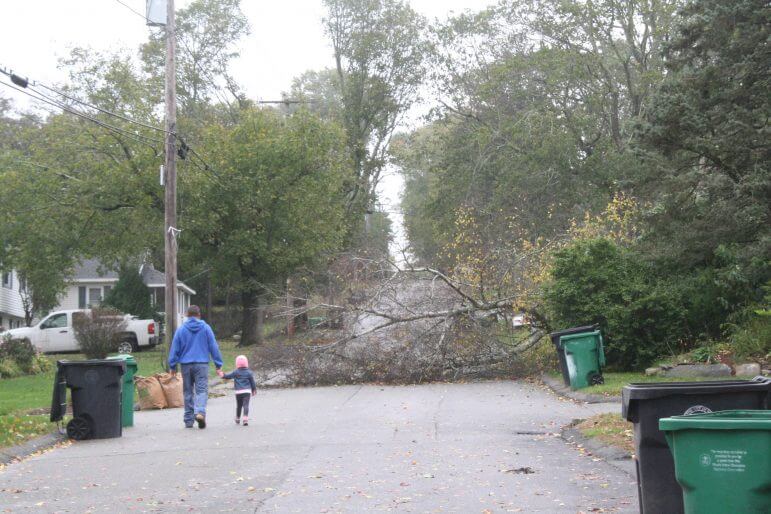 [CREDIT: Beth Hurd] At left, a father and daughter walk down Tiffany Avenue to see the uprooted tree before noon on Monday. His daughter had no school, but was more concerned about her soccer game being cancelled.)