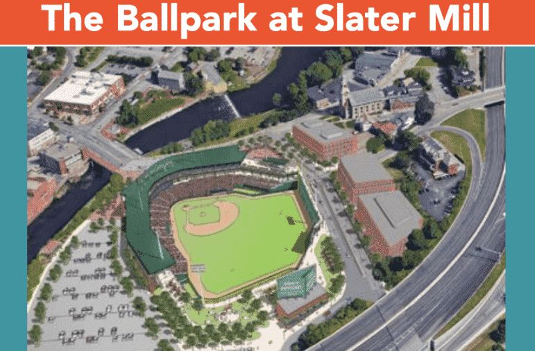 [CREDIT: PawSoxhearings.com] An artists rendering of the proposed PawSox stadium at Slater Mill.