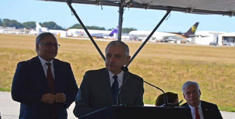 [CREDIT: Sen. Jack Reed's office] US Sen. Jack Reed speaks during a celebration of the finish of work to expand and improve TF Green Airport.
