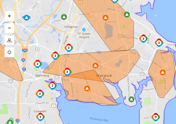 [CREDIT: National Grid] Several thousand people were without power as a violent storm blew through Rhode Island Sunday night and Monday morning.