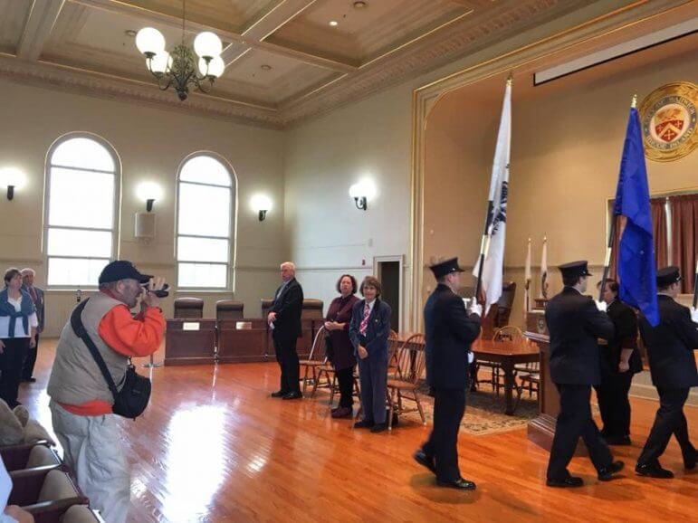 [CREDIT: Mayor Scott Avedisian] Military Family Appreciation Month began with the Warwick Fire Department posting the five military service flags in City Council Chambers.
