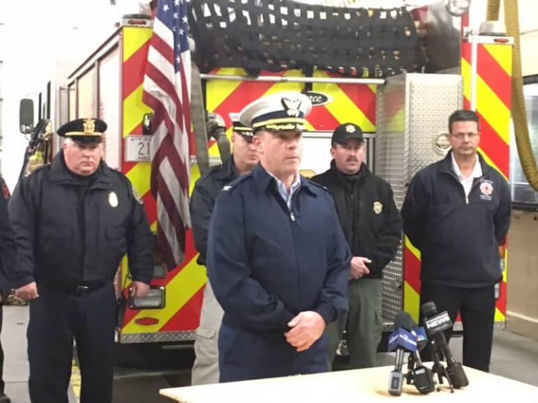 [CREDIT: Beth Hurd] WFD Fire Chief James McLaughlin speaks during a Saturday 5 p.m. press conference announcing the search for missing kayaker Michael Perry has been called off.
