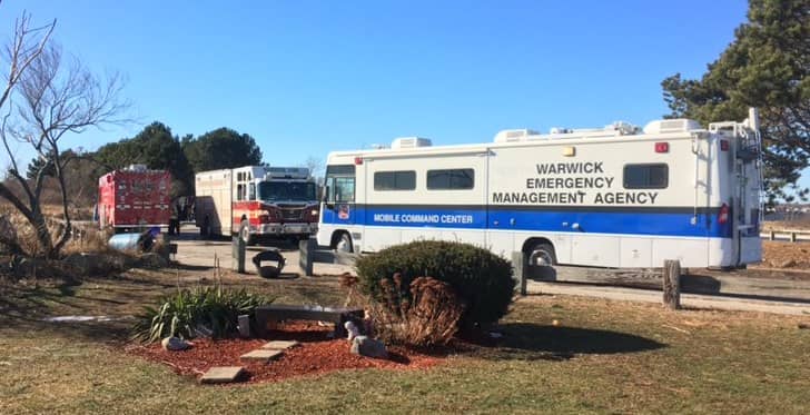 [CREDIT: Beth Hurd] The Warwick Emergency Management Agency mobile command center and Warwick Fire trucks were stationed at Conimicut Point as WFD and WPD assisted in the search for missing kayaker Michael Perry.